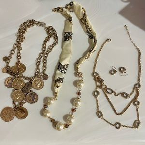 New lot x 4 3 necklaces 1 earring .  Gold coin , scars chain, gold stone chain